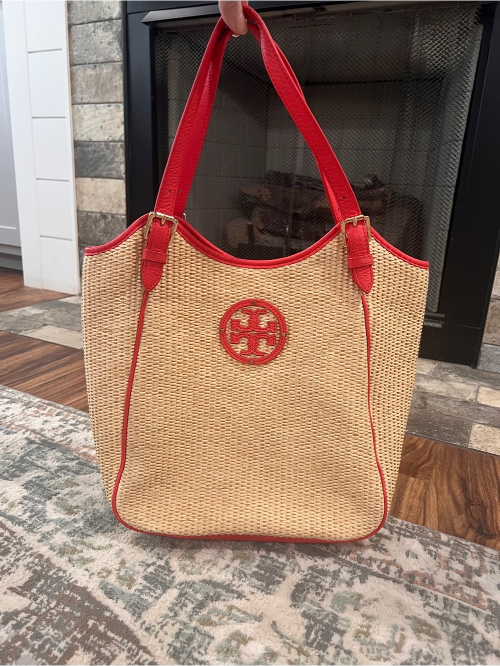 Tory Burch Raffia Straw Tote with Poppy Red Leather Trim - Picture 3 of 11